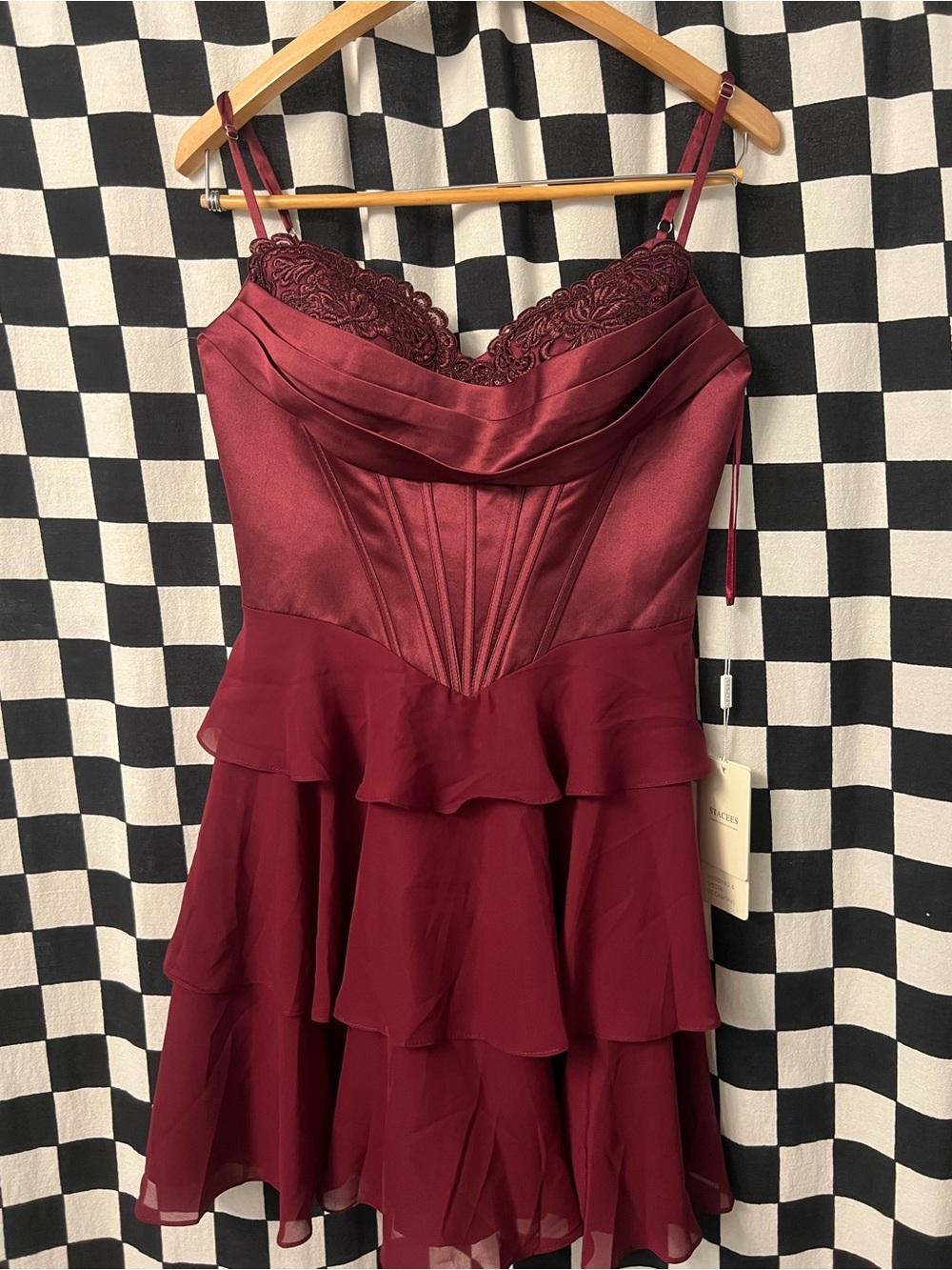 Stacees Burgundy Lace-Trim Tiered Cocktail Dress